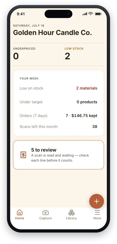 The home screen in the Batchnook app — a margin-health strip over the workshop ledger, every product’s real margin at a glance.