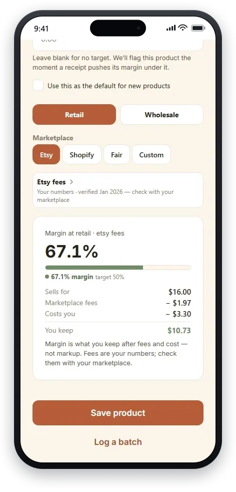 A product’s live margin in the Batchnook app — a green margin bar at retail with the sale price, the marketplace fees and unit cost taken out, and what the maker keeps on every one.