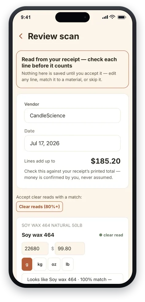 Reviewing a scanned supply receipt in the Batchnook app — each parsed line checked and matched before it counts.