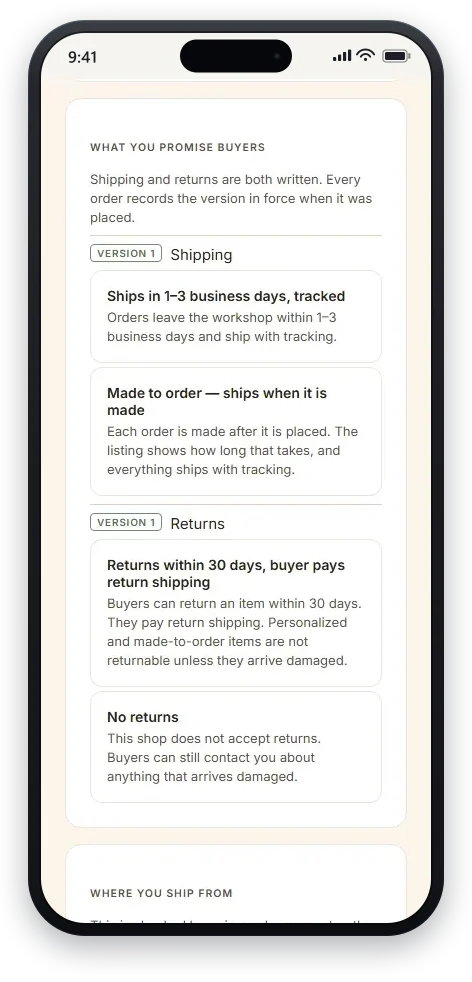 A maker’s shop settings in the Batchnook app — the shipping and returns promised to buyers, each written and version-stamped, with the version in force recorded on every order.