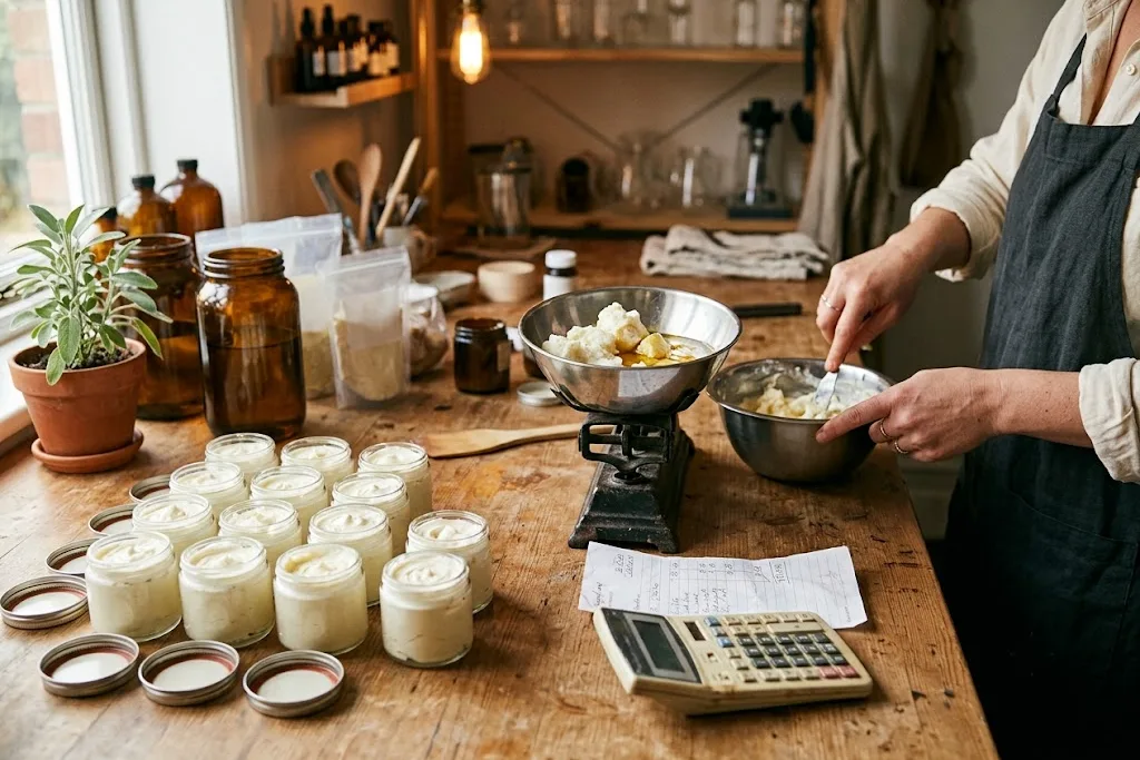 A small-batch cosmetics bench — rows of filled body-butter jars with a folded supplier receipt and a calculator beside a scale of raw butters and oils.