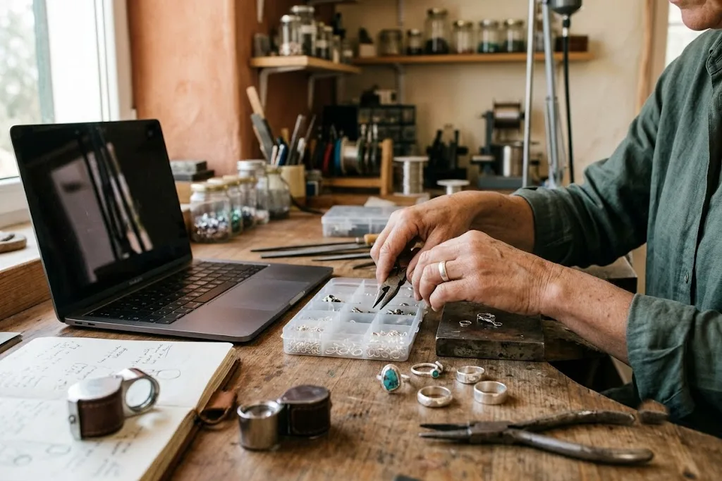 A jeweler’s workbench with an open laptop beside a bench block, trays of findings and a few sterling rings catching the light, a loupe and pliers resting nearby.