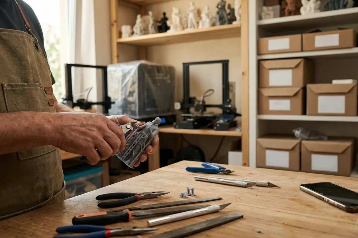 A maker snipping supports from a freshly printed gray model at a workbench, hand tools laid out and desktop printers on the bench behind.