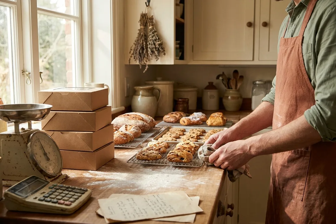 A home baker’s kitchen mid-morning: cooling racks of finished bakes across the counter, kraft boxes stacked ready and flour on the wood.