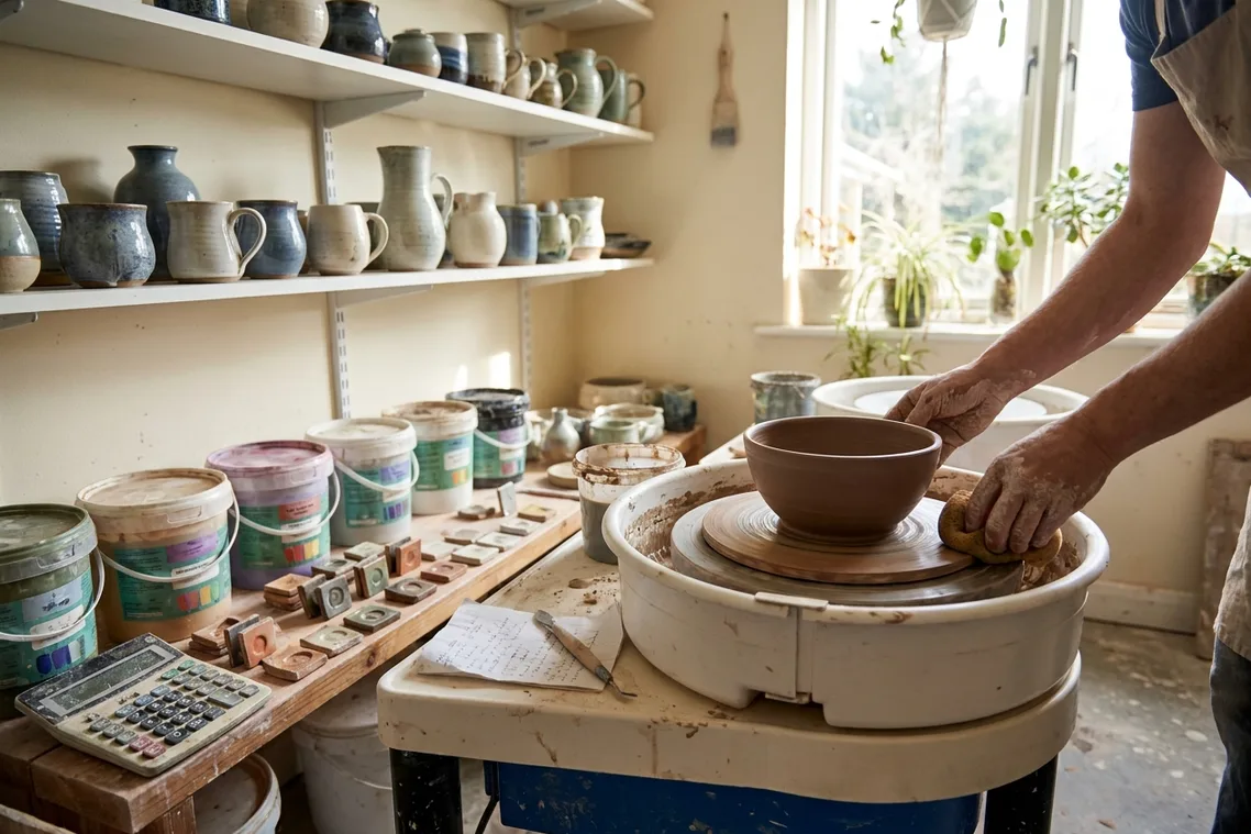 A home ceramics studio with shelves of finished stoneware, a wheel holding a trimmed bowl on the bat, glaze buckets and test tiles.