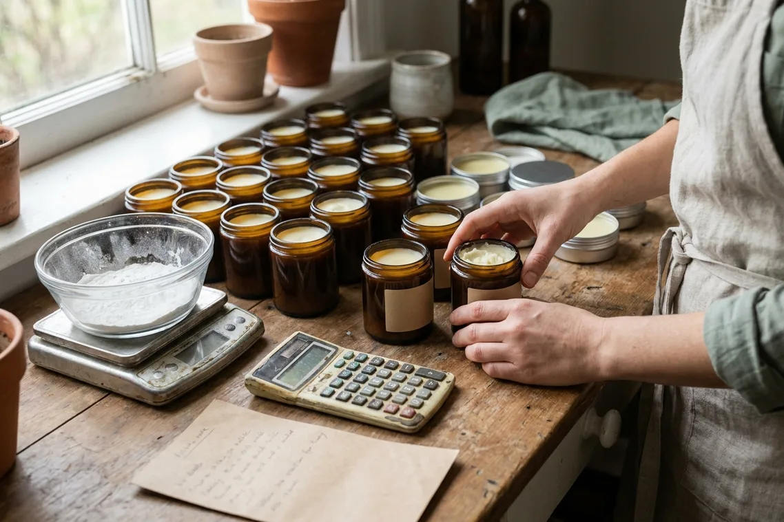 A small-batch cosmetics bench with rows of filled balm tins and jars, lids off, jars of raw butters and oils and a kitchen scale.
