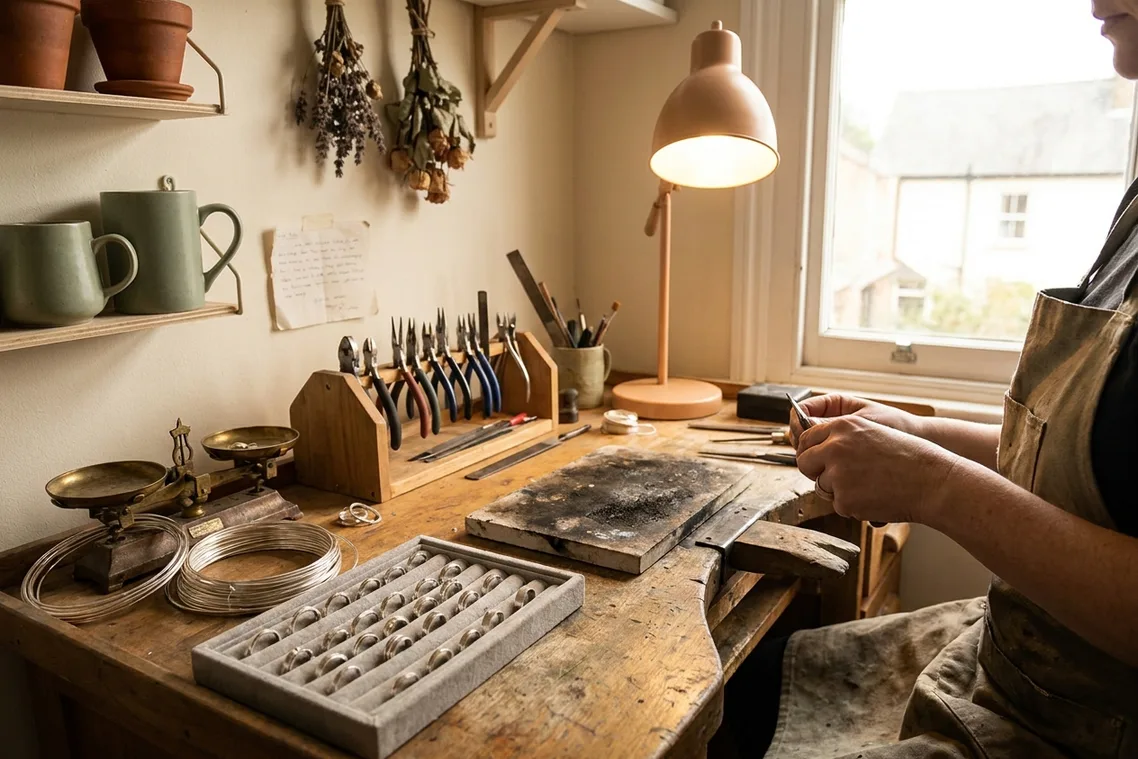 A jeweler’s home studio bench with a felt tray of finished silver rings, a soldering board, pliers and files in a rack and coils of wire.
