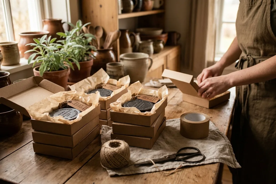 Engraved slate coasters nested in tissue inside small kraft boxes on a farmhouse table with twine, scissors and a tape roll beside them.