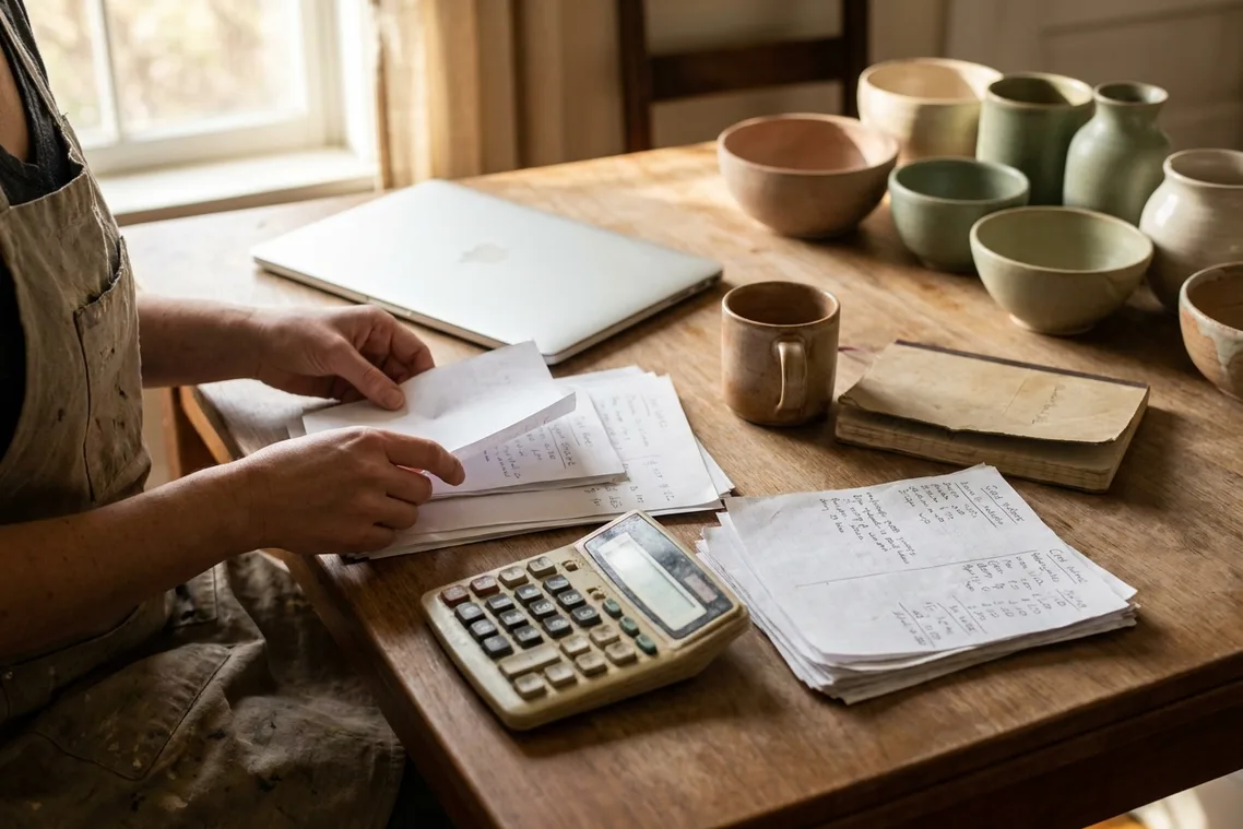 A maker’s kitchen table set up for a records afternoon: a closed laptop pushed aside, stacks of handwritten notes, a worn calculator and a mug.