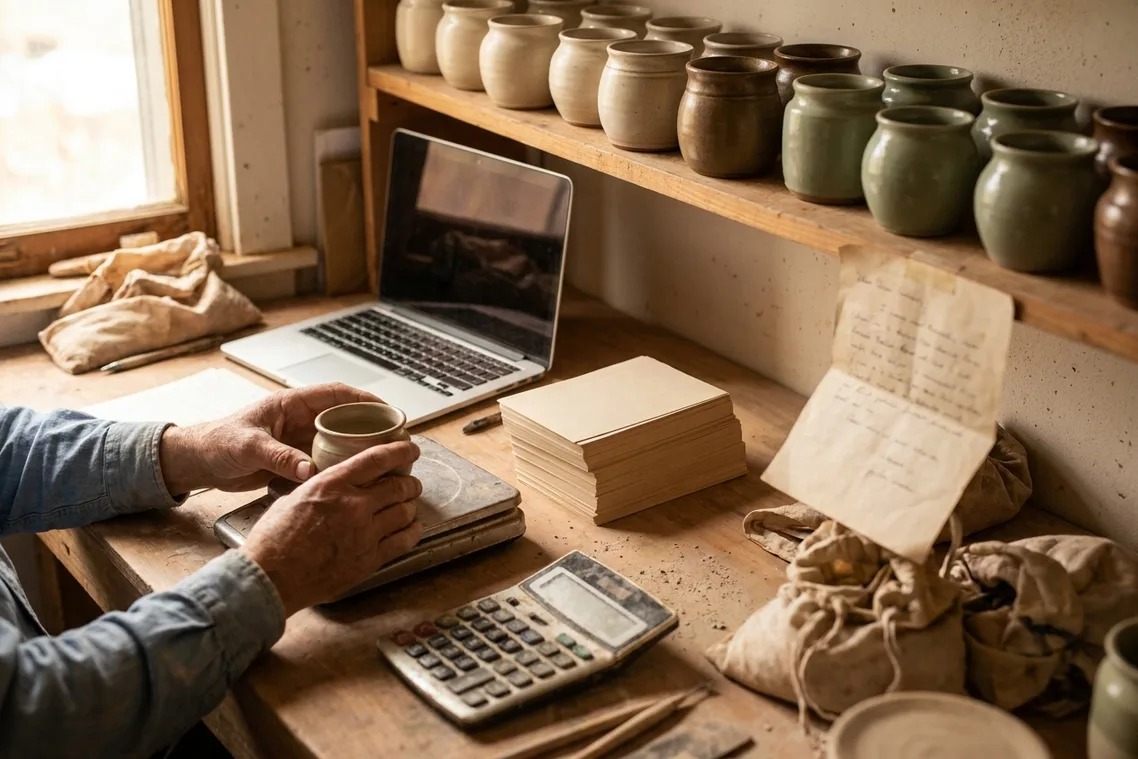 A maker’s bench holding the whole small economy: finished jars and pots in rows, a kitchen scale, a worn calculator and blank index cards.
