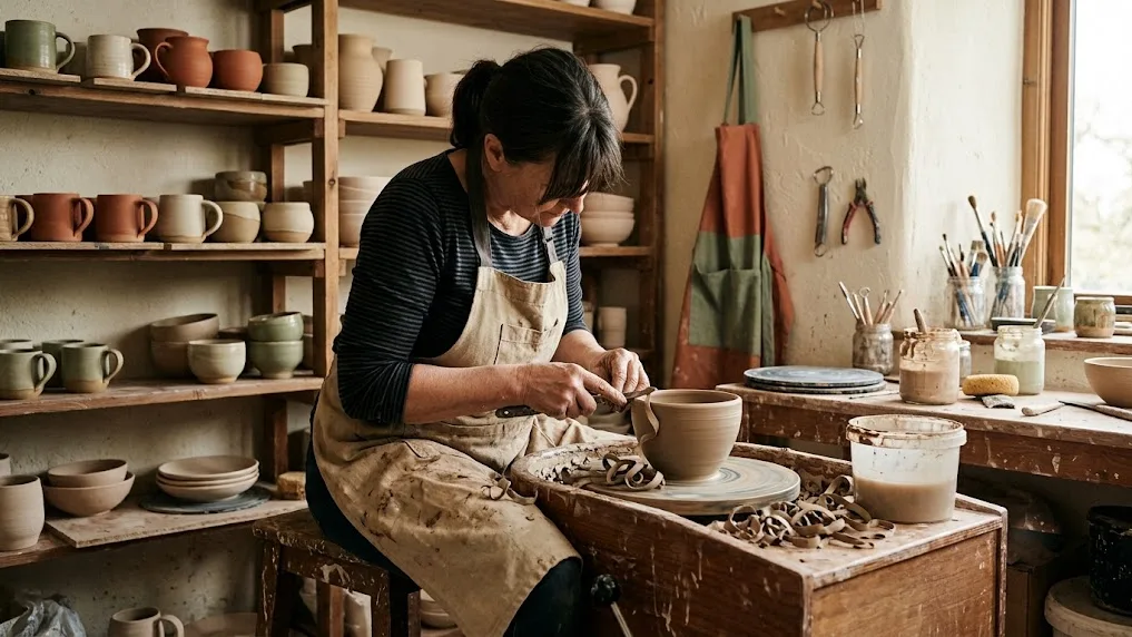 A potter’s hands trimming a leather-hard bowl on the wheel in warm morning light, finished stoneware mugs and bowls drying on a wooden shelf behind.