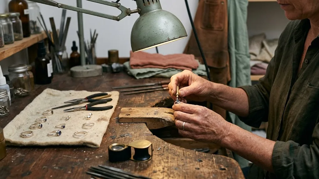 A jeweler setting a small stone into a silver ring at the bench pin under warm task light, a felt tray of finished rings and earrings catching the light nearby.