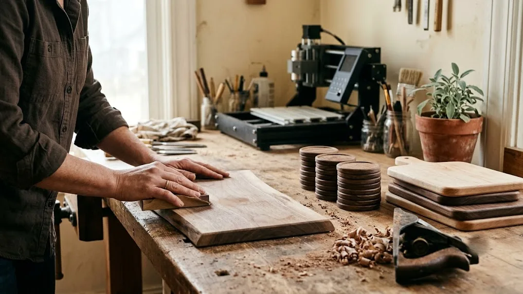A maker’s hands sanding a wooden serving board smooth at a sunlit bench, a row of engraved coasters and cutting boards stacked to one side amid fine shavings.
