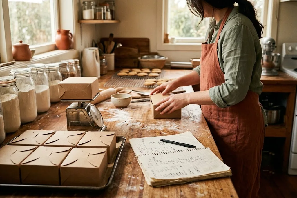 A home bakery bench in warm morning light, a tray of just-boxed cookies in kraft boxes beside a scale and a notebook, flour dusting the wood.