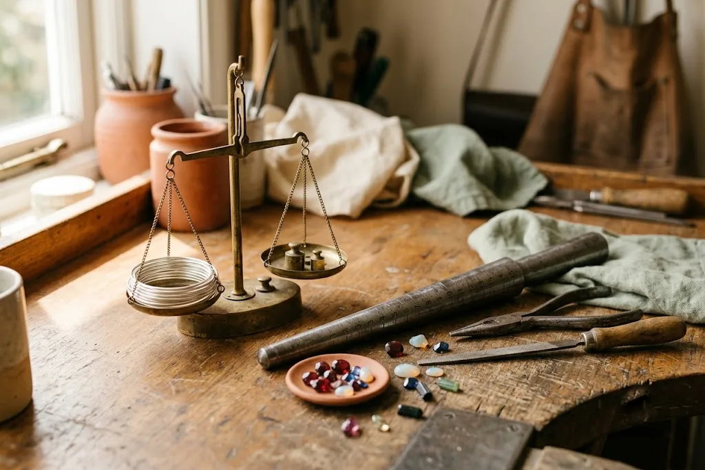 A small brass scale weighing coils of sterling silver wire beside a ring mandrel and a scatter of gemstones in warm raking light.
