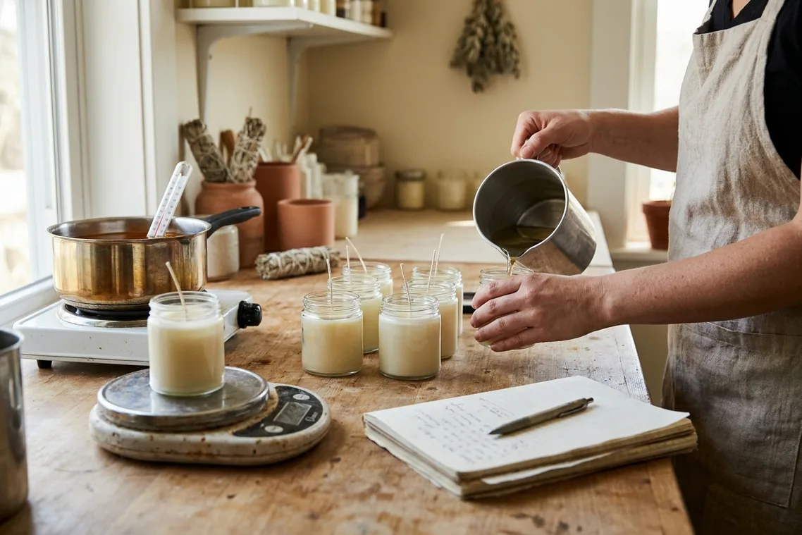 A candle test bench: a row of small jars at different fill levels with trimmed wicks, a pour pitcher and a thermometer resting in wax.