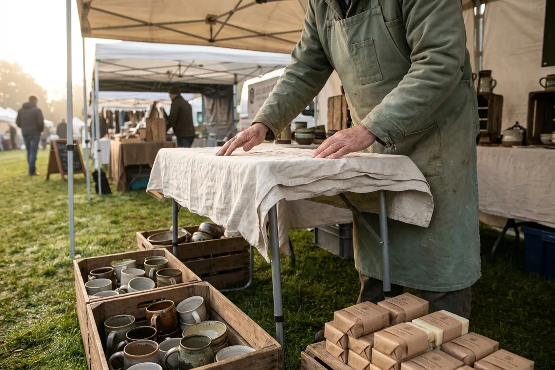 A craft-market stall being set at dawn: a folding table under a canopy, a cloth being smoothed flat and crates of finished work waiting.