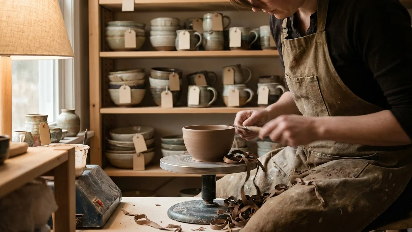 A maker in an apron trimming a bowl at a small pottery wheel, with shelves of finished mugs and bowls carrying blank tags behind them.