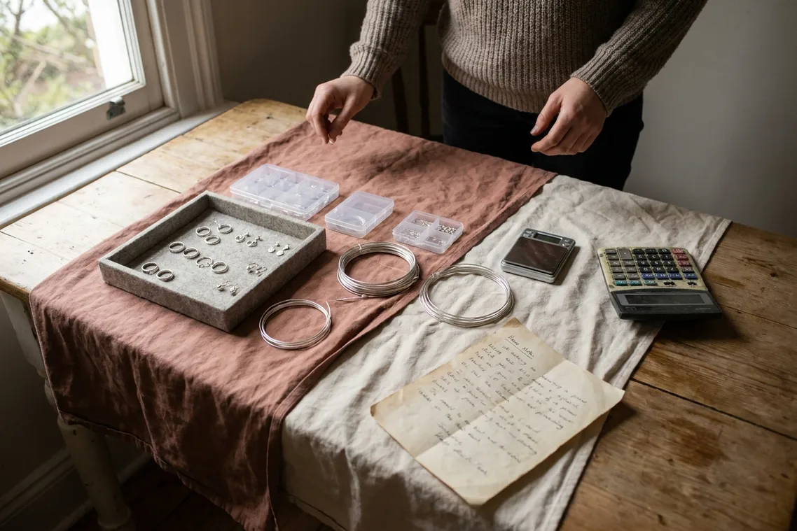 A jeweler’s kitchen-table bench with a felt tray of finished silver rings and earrings, coils of wire, parts trays and a tiny scale.