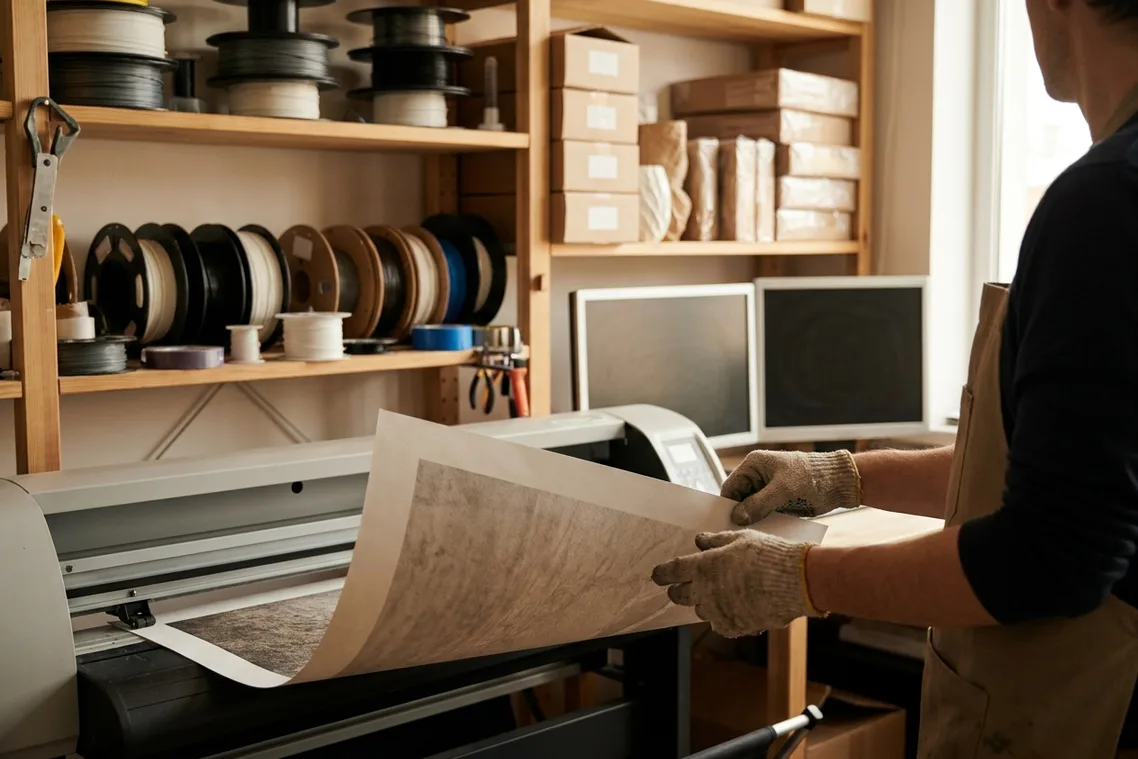 Shelves of filament spools and boxed stock behind a maker in an apron feeding a large printed sheet through a wide-format machine.