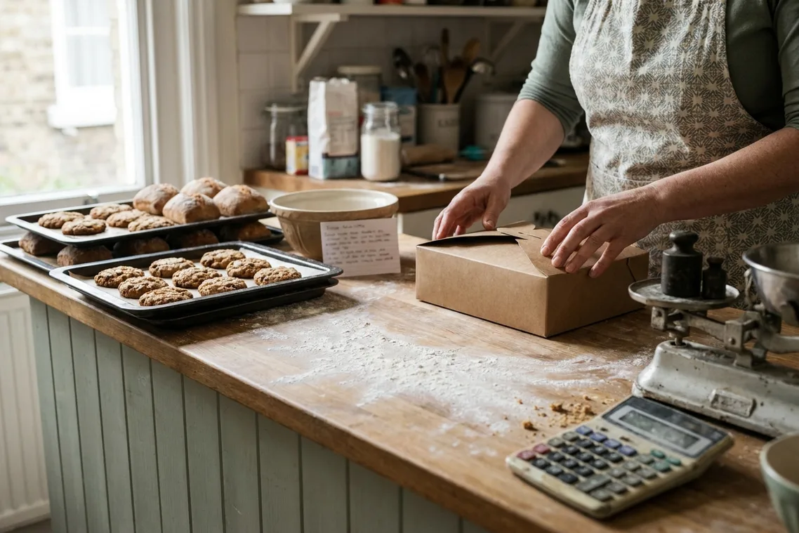 A home bakery bench mid-run with trays of cooled cookies and small loaves in rows, a kitchen scale and flour dusting the wood.