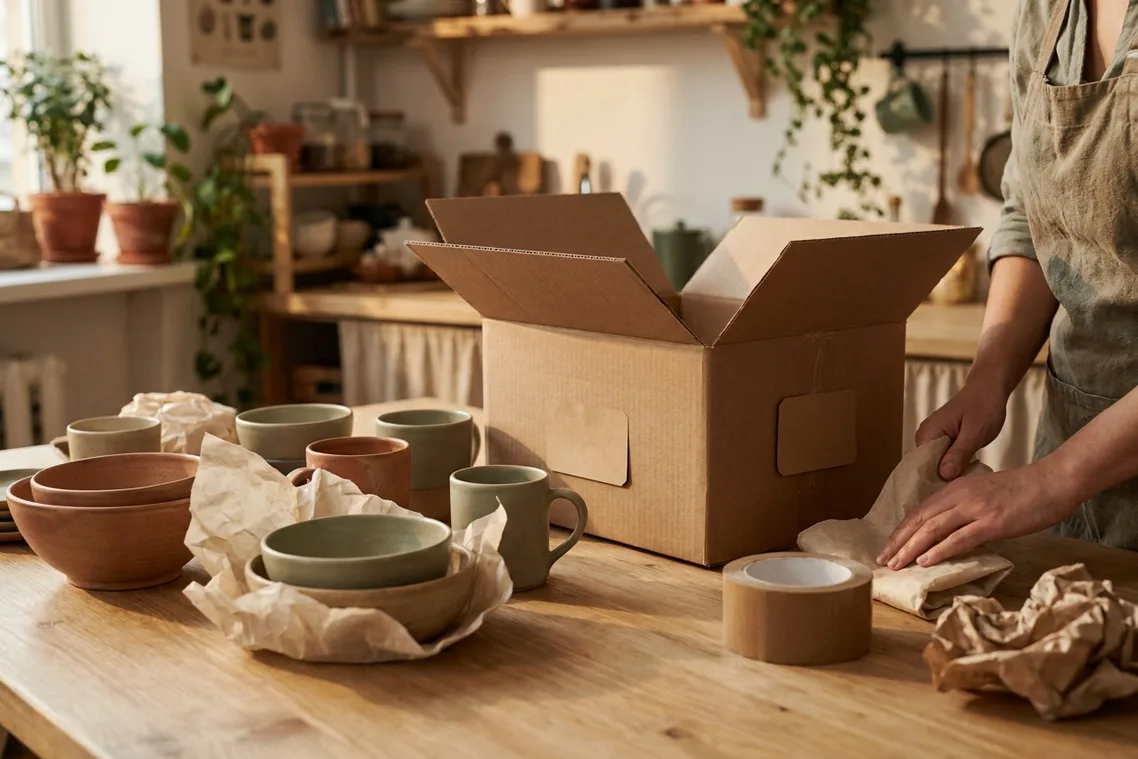 Finished stoneware bowls and mugs wrapped in tissue on a kitchen table beside an open kraft carton, a tape roll and a maker packing the order.