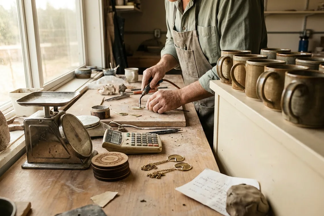A mixed-craft bench with finished mugs, brass pendants and engraved coasters beside a kitchen scale and a worn calculator.