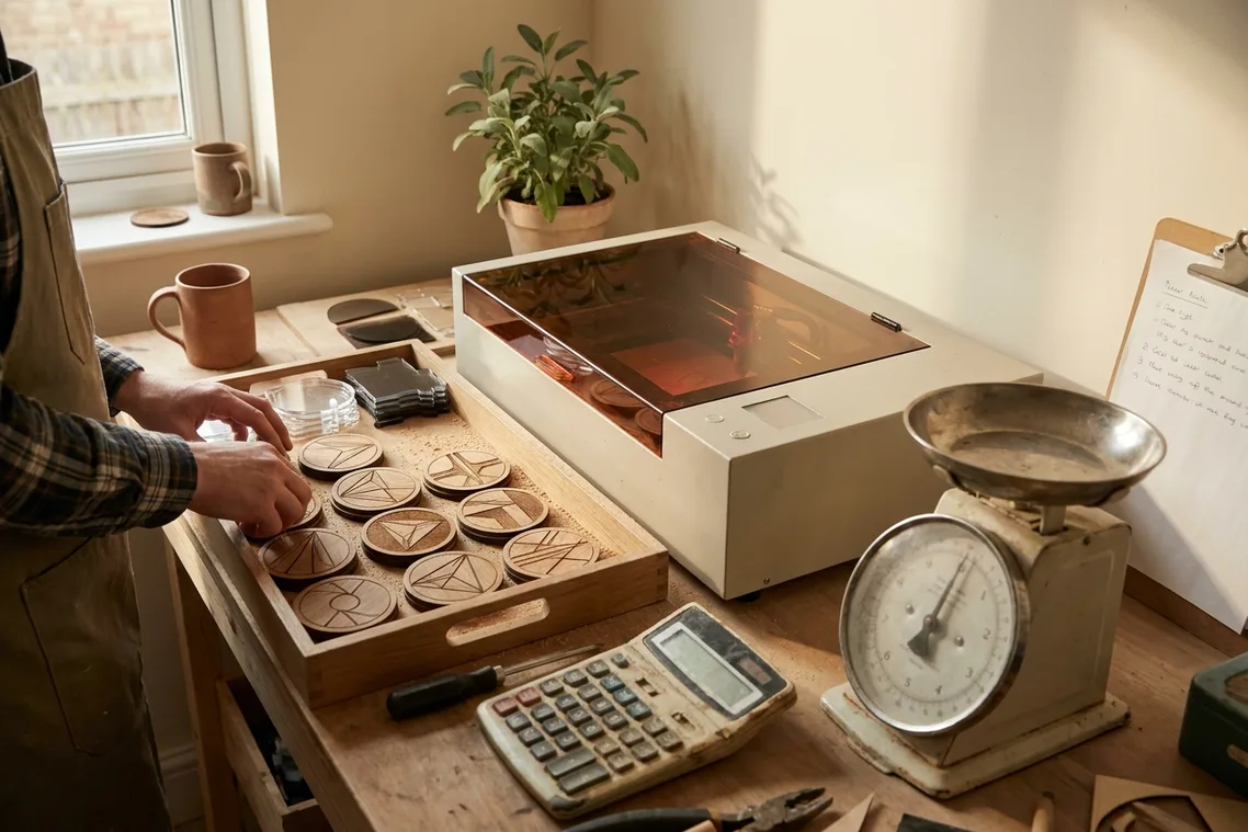 A cutting bench with a closed desktop laser cutter, a tray of engraved wooden coasters and cut shapes, and fine sawdust on the wood.