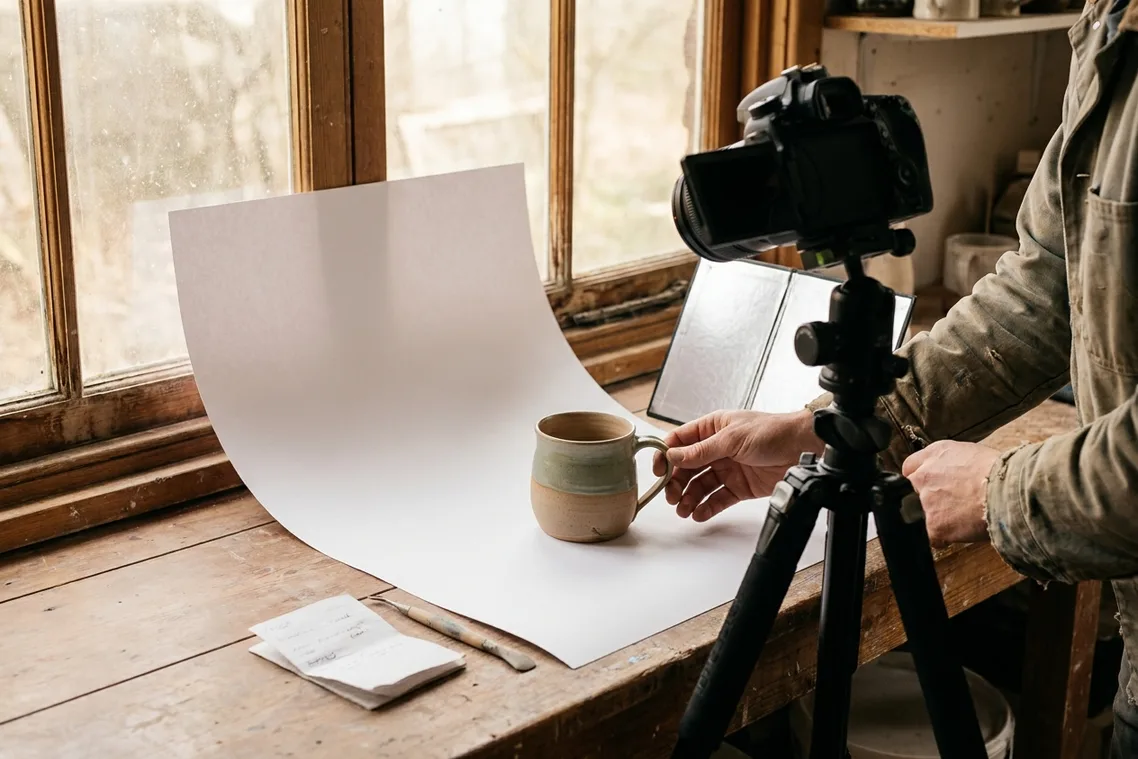 A small tabletop photography setup by a window: a curved white paper sweep, a finished ceramic mug on it, a tripod and a reflector card.