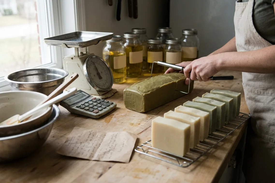 A soap maker’s kitchen bench with a cured loaf beside a wire cutter and a row of cut bars on a rack, oil jars behind.