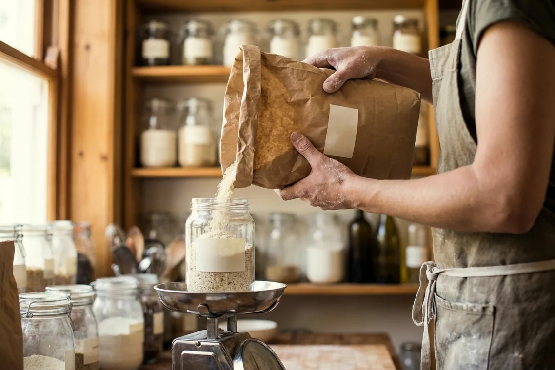 A maker pouring a raw ingredient from a kraft sack into a glass jar sitting on a mechanical kitchen scale, shelves of filled jars behind.